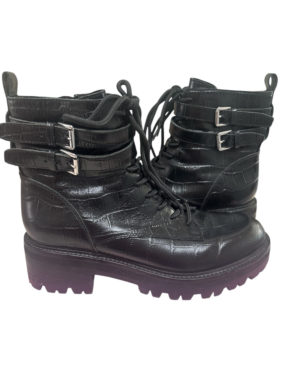 Marc Fisher Women's Black Croc-Embossed Lace-Up Combat Boots